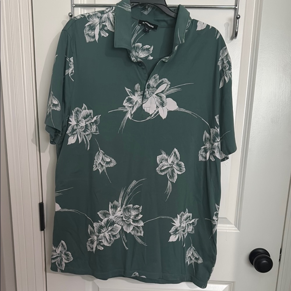Express Green and White Casual Button Down Shirt
